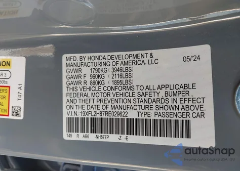 2024 Honda Civic Sport z USA, uszkodzony, nr VIN 19XFL2H87RE029622